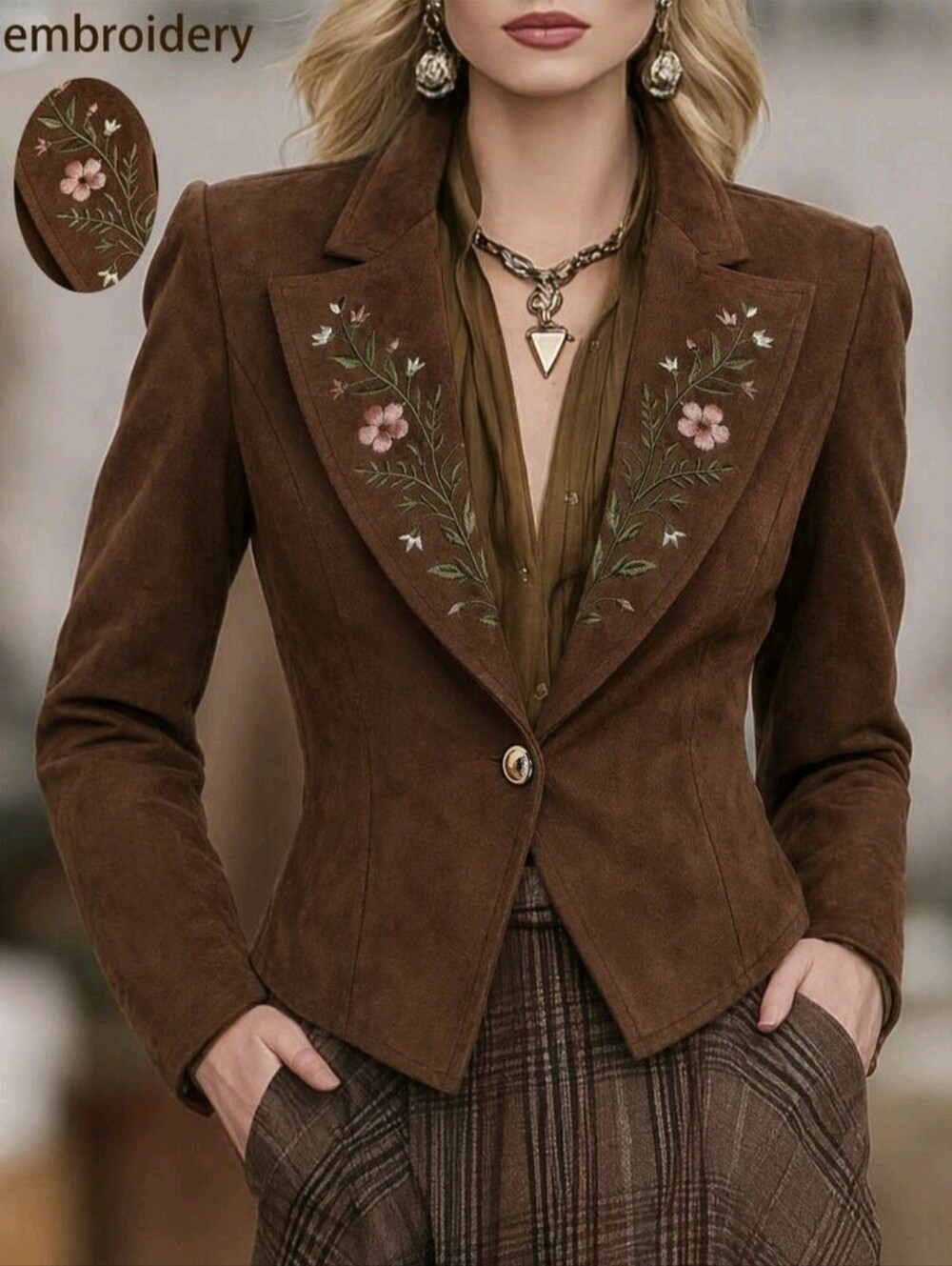 Women's Coffee Brown Suede Embroidered Long Sleeve Jacket With Lapel